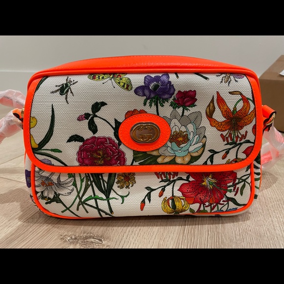 Gucci Handbags - Gucci Linea Flora Orange and Canvas Crossbody Bag